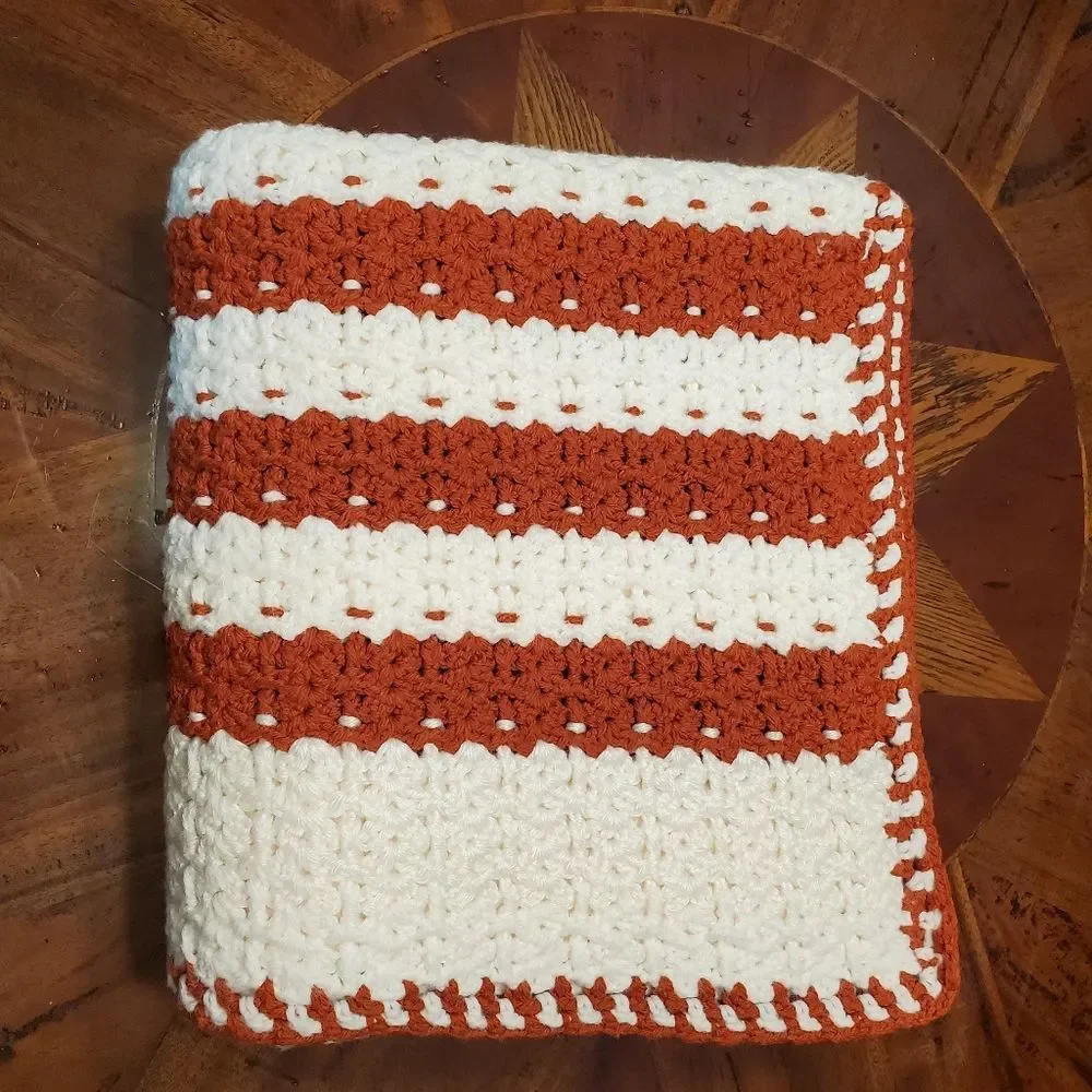 Vintage Handmade Crochet Throw Blanket Off White with Burnt Orange Stripes